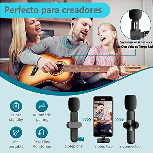  Micrófono Lavalier inalámbrico, 1 para 2 pares automáticos,  micrófono inalámbrico de clip compatible con grabación mientras se carga  tipo C, clip en Plug and Play, micrófono de solapa compatible con teléfonos