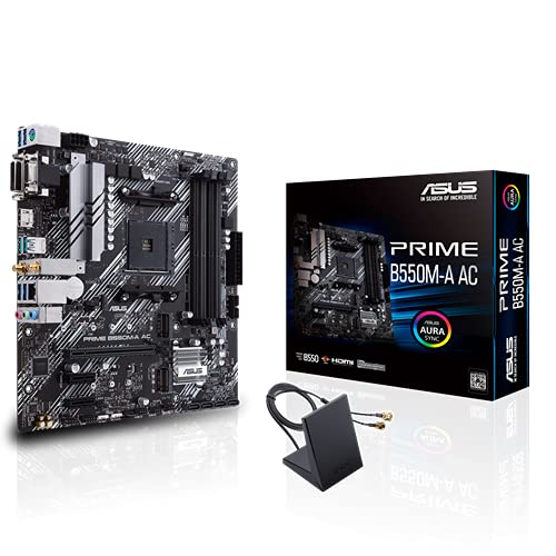 Asus Motherboard AMD B550, Prime B550M-A AC, AM4 mATX con PCIe 4.0, dual M.2, WiFi, HDMI, D-Sub, DVI, SATA 6 Gbps, puertos USB 3.2 Gen 2 e iluminación Aura Sync RGB