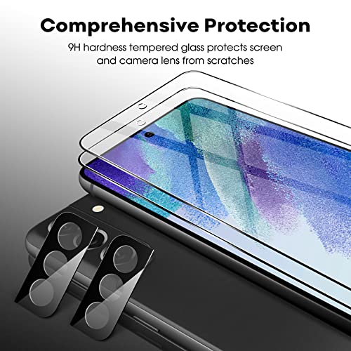 JETech Protector Pantalla para Samsung Galaxy S21 FE 5G y Protector de Lente Cámara, Marco de Instalación, Mica Cristal Vidrio Templado, Compatible Huellas Dactilares ID, 2 Paquetes Cada Uno