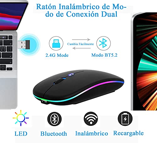LED Mouse Inalámbrico Recargable, Fotgear Ratón Wireless 2.4G Ergonómico Wireless Ratón óptico Silencioso Click, con Receptor USB Adaptador, Ideal para Ordenadores portátiles, PCs, Otros Dispositivos Inteligentes