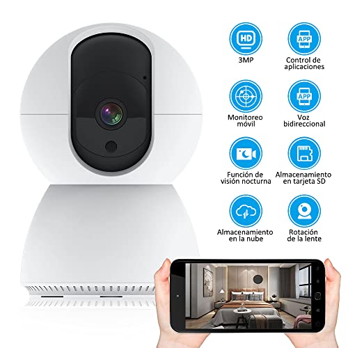 EASYTAO TV-628 Cámara de Seguridad Interior, 3MP Cámara Alexa WiFi, iCSee App, Audio Bidireccional, Control Remoto, Detección de Movimiento, Visión Nocturna,Compatible con Alexa