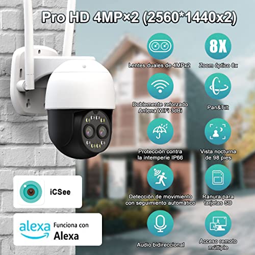 EASYTAO 9825G Cámara de Seguridad Exterior Wifi con Lentes Duales de 4MP*2, ICsee APP, Zoom Óptico 8X Seguimiento Automático Pan/Tilt Vista de 360°, PTZ Cámara Exterior con Visión Nocturna, Audio Bidireccional, Detección de Movimiento, Compatible con Alex