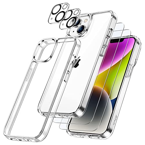 JETech 3 en 1 Funda para iPhone 14 6,1 Pulgadas, con 2 Protector Pantalla y 2 Protector Lente Cámara, Anti-Amarillo, Mica Cristal Vidrio Templado Cobertura Completa, Carcasa Antigolpes (Transparente)