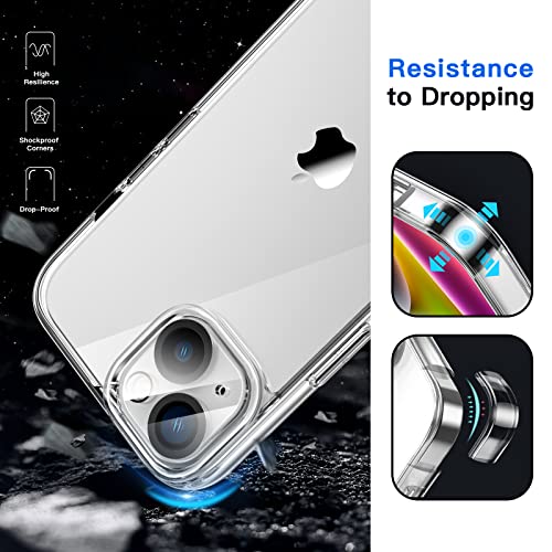 JETech 3 en 1 Funda para iPhone 14 6,1 Pulgadas, con 2 Protector Pantalla y 2 Protector Lente Cámara, Anti-Amarillo, Mica Cristal Vidrio Templado Cobertura Completa, Carcasa Antigolpes (Transparente)