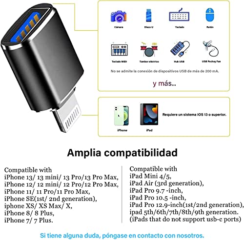 Adaptador USB C a USB 3.0,Compatible Dispositivos con USB Tipo C,Adaptador OTG Lightning Macho a USB Hembra Convertidor de Sincronización de Datos compatible con Memoria USB, DAC, Teclado Midi, Interfaz de Audio, Ratón, Teclado, lector de tarjetas, para i