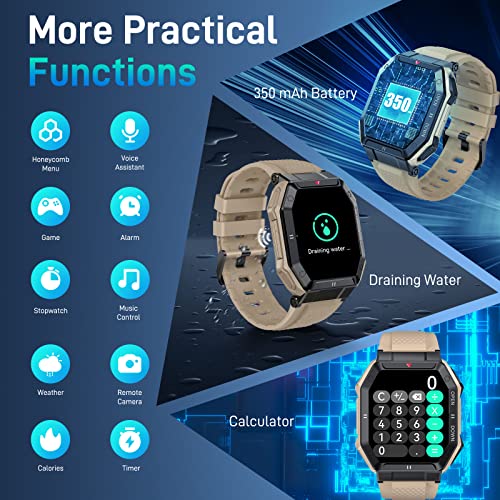Bassizo Reloj Inteligente para Hombre (contestar/Hacer Llamadas), Reloj Deportivo táctico Militar, Reloj Inteligente con Monitor de frecuencia cardíaca, presión Arterial,