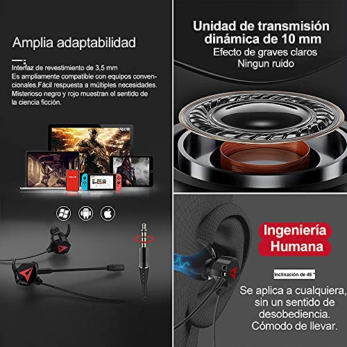 KAMYSEN Audífonos Gaming InEar,con micrófono Dual Desmontable,Auriculares Juego con Cable,para Juegos móviles,Nintendo Switch, PS4, Xbox One, Celulares, Tablets, Laptops (Negro)