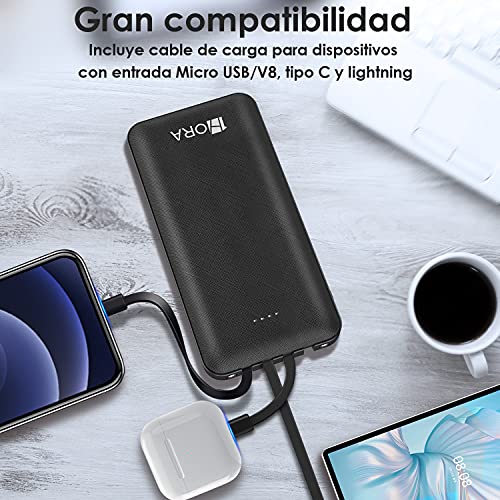 1 Hora Power Bank 10000 mah Ultra Slim de Bateria Portatil con 4 Cables Incorporados Tipo C USBc y Luz Carga Powerbank 10000 Compatible para IP, Samsung, Xiaomi,Negro