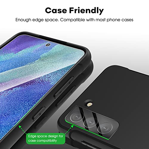 JETech Protector Pantalla para Samsung Galaxy S21 FE 5G y Protector de Lente Cámara, Marco de Instalación, Mica Cristal Vidrio Templado, Compatible Huellas Dactilares ID, 2 Paquetes Cada Uno