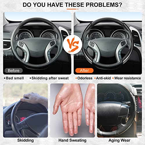 Juego de 2 fundas de fibra de carbono para volante, para mujeres y hombres, accesorios seguros y antideslizantes, funda para volante de auto, ajuste universal para la mayoría de protectores de volante (negro y rojo).