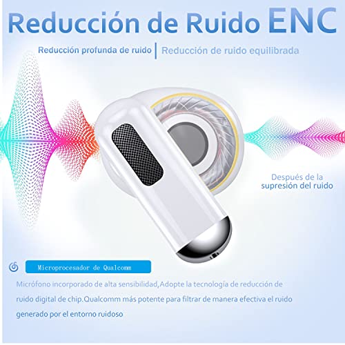 Audifonos Inalambricos Bluetooth 5.2, Audifonos Bluetooth（Reducción de ruido ENC ，Calidad de sonido HIFI，IPX6 ，Batería con duración de hasta 6 Horas）para iPhone, PC, iPad, Android（con cable de carga）