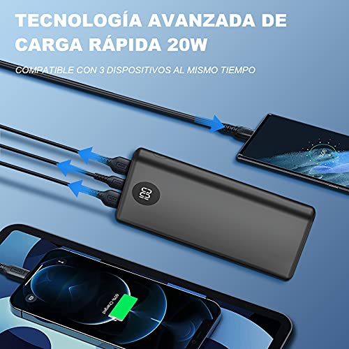 Power Bank 10000 mAh Batería Externa Carga Rápida 20 W PD Con Pantalla LED Cargador Portátil con Cable Tipo C 3 Salidads USB de Alta Velocidad Compatible para iPhone 13 Samsung Xiaomi Huawei iPad