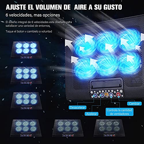 TECHVIDA Enfriador para Laptop de Juegos, Seis Ventiladores Silenciosos y Pantalla LCD,Viento de Gran Velocidad, Interruptor Independiente para Ajustar la Velocidad del Viento, 1200rpm, Ajuste de Altura de Varias Etapas, Ligero, Antideslizante y Cómodo, D