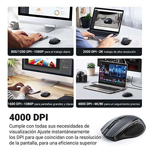 UGREEN Ratón Inalámbrico 2.4 GHz, 15M de Conexión, Mouse Ergonómico de 4000 dpi 6 Botones, Mouse Silencioso con Receptor USB, Mouse Inalámbrico para PC, Portátil, Macbook, Windows 11 10, macOS, Linux