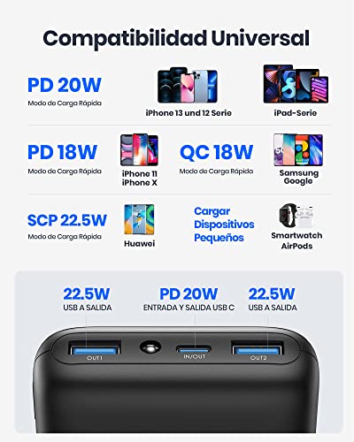 INIU Power Bank 20000mAh, 22.5W PD3.0 QC4.0 Carga Rápida Bateria Portatil, USB C Pila Portatil de 3 Salidas, Linterna Cargador para Celular Compatible con iPhone 14 13 12 Samsung Xiaomi Google iPad
