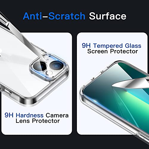 JETech 3 en 1 Funda para iPhone 13 6,1 Pulgadas con 2 Protector Pantalla y 2 Protector Lente Cámara, Anti-Amarillo, Mica Cristal Vidrio Templado Cobertura Completa, Carcasa Antigolpes (Transparente)