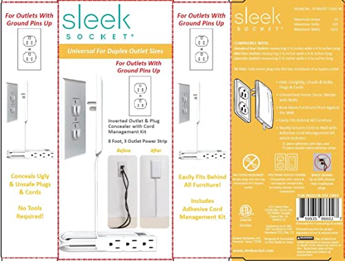 Sleek Socket para Enchufes Invertidos, Corrector de Salida Ultrafino con Kit de Corrector de Cable, Regleta de 3-Salidas, Tamaño Universal, (Ideal Para Tomacorrientes con Enchufes Invertidos) – 8 Pies / 96 Pulgadas