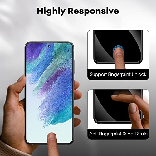 JETech Protector Pantalla para Samsung Galaxy S21 FE 5G y Protector de Lente Cámara, Marco de Instalación, Mica Cristal Vidrio Templado, Compatible Huellas Dactilares ID, 2 Paquetes Cada Uno