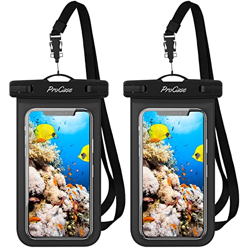 Procase 2 Fundas Impermeables para Celular, Bolsa contra Agua Compatible con iPhone 14 13 Pro MAX 12 Mini SE X XS 8 7 Plus 6S 6 Galaxy S20 S10 S9 S8+ Note 5 4 3 Otro Smartphone hasta 7" -Negro