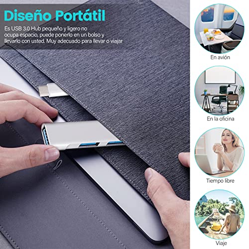 4 En 1 USB 3.0 Hub, Super Speed 10Gbps Hub USB C, Aluminio de USB 3.1 Tipo C hub, para Macbook PC Portátil Tesla XPS etc (con Adaptador USB)