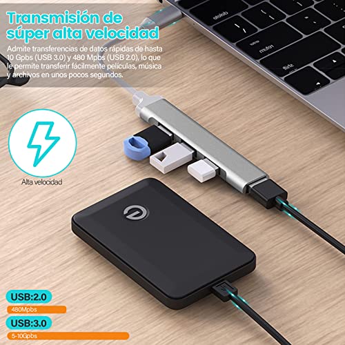 4 En 1 USB 3.0 Hub, Super Speed 10Gbps Hub USB C, Aluminio de USB 3.1 Tipo C hub, para Macbook PC Portátil Tesla XPS etc (con Adaptador USB)
