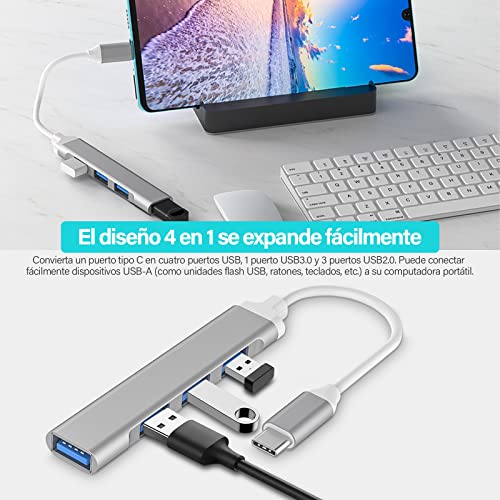 4 En 1 USB 3.0 Hub, Super Speed 10Gbps Hub USB C, Aluminio de USB 3.1 Tipo C hub, para Macbook PC Portátil Tesla XPS etc (con Adaptador USB)