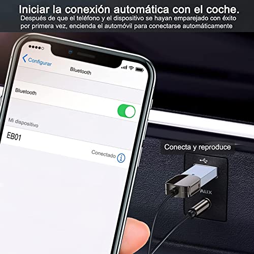 Adaptador Bluetooth Auto, Bluetooth 5.0 Adaptador para Coche, 3.5mm AUX y USB Receptor Bluetooth para Coche, Para Automóvil con Micrófono Incorporado y un cable elástico TPE premium de 0.3M-1.5M