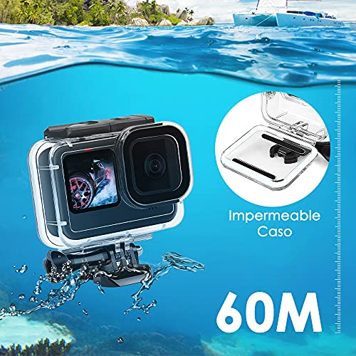 Nasjac Funda Impermeable para GoPro Hero 9/10/11, Carcasas para Cámaras de Acción Subacuáticas, Resistente al Agua hasta 60 m con Tapón y Tornillo Extraíble Quick PU