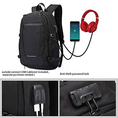Mochila antirrobo, Unisex Mochila impermeable con puerto de carga USB Interfaz para auriculares y bloqueo con contraseña con la red de baloncesto, Mochila para Portátil de 12-15.6 Pulgadas(Negro)