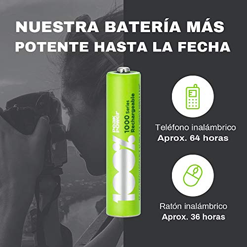 100%PeakPower 4 x Pilas Recargables AAA 1000 Series | Capacidad mínima Garantizada 800 mAh NiMH | Pilas AAA Recargables Que Vienen precargadas Listas para Usar | Bajo Nivel de autodescarga