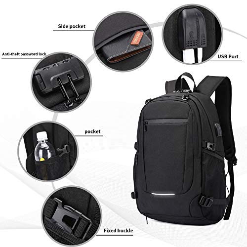 Mochila antirrobo, Unisex Mochila impermeable con puerto de carga USB Interfaz para auriculares y bloqueo con contraseña con la red de baloncesto, Mochila para Portátil de 12-15.6 Pulgadas(Negro)