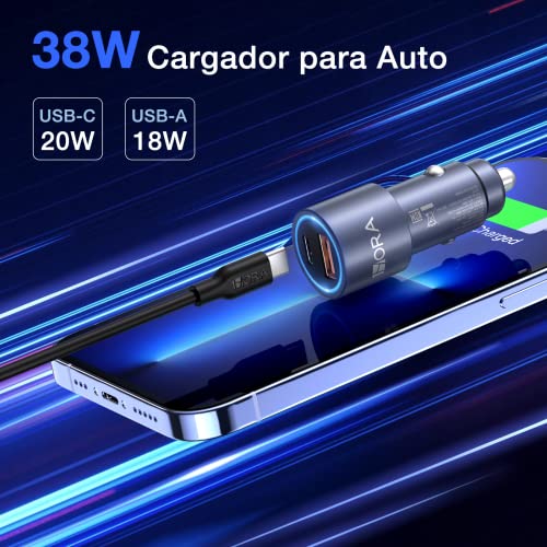 1 Hora Cargador Auto Carga Rapida 38W, Cargador Carro Tipo C PD 20W y QC 3.0 18W con Cable USB C a USB C 3A Compatible con iPhone 14/13/12 Pro MAX XR Samsung Galaxy S23 S22 S21 Motorola Xiaomi