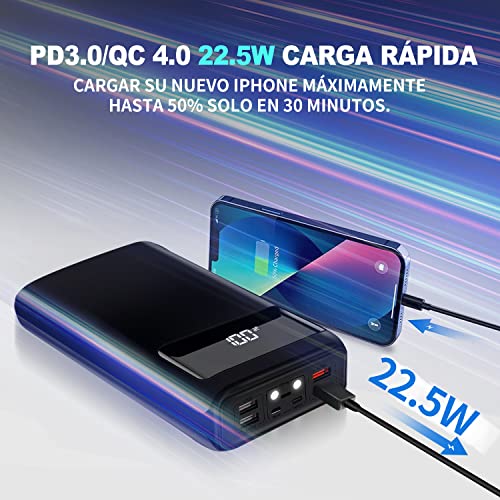 Cargador portátil 3 en 1 20000 mAh, El mejor banco de energía QC 3.0 con  pantalla de luz LED