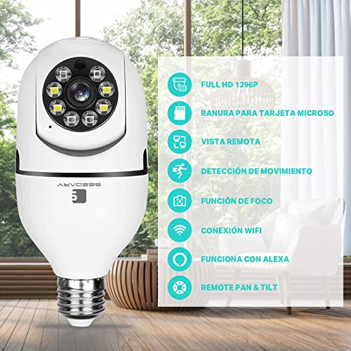 Cámara de seguridad con bombilla inteligente, cámara IP inalámbrica Full HD  1080P Wi-Fi, cámara panorámica de 2MP 360 grados, cámara de vigilancia