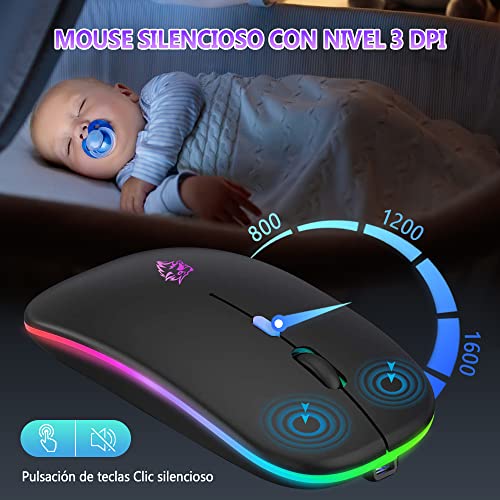 EASYTAO Mouse Inalámbrico, Mouse Bluetooth/Wireless2.4GHz Modos Dual Recargable con Iluminación RGB, Click Silencioso con Receptor USB 3 Ajustable DPI Ratón Para Computadora, Portátil, PC, Mac (Negro)