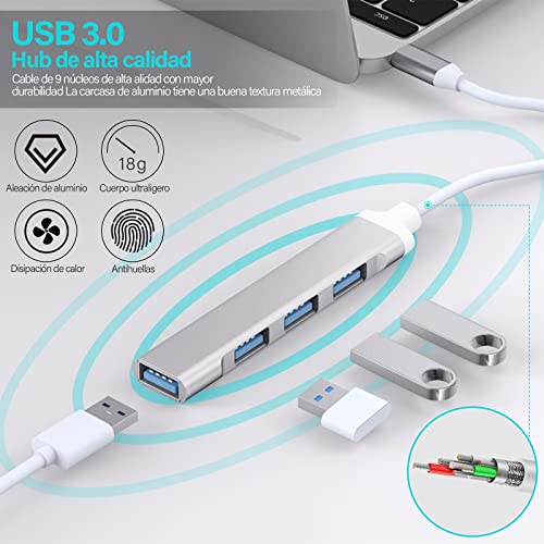 4 En 1 USB 3.0 Hub, Super Speed 10Gbps Hub USB C, Aluminio de USB 3.1 Tipo C hub, para Macbook PC Portátil Tesla XPS etc (con Adaptador USB)