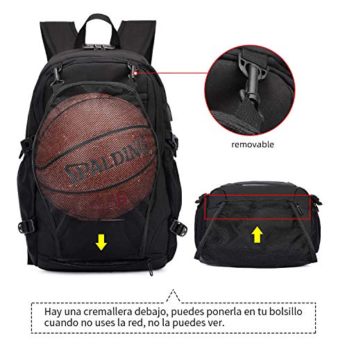 Mochila antirrobo, Unisex Mochila impermeable con puerto de carga USB Interfaz para auriculares y bloqueo con contraseña con la red de baloncesto, Mochila para Portátil de 12-15.6 Pulgadas(Negro)