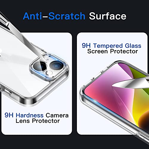 JETech 3 en 1 Funda para iPhone 14 6,1 Pulgadas, con 2 Protector Pantalla y 2 Protector Lente Cámara, Anti-Amarillo, Mica Cristal Vidrio Templado Cobertura Completa, Carcasa Antigolpes (Transparente)