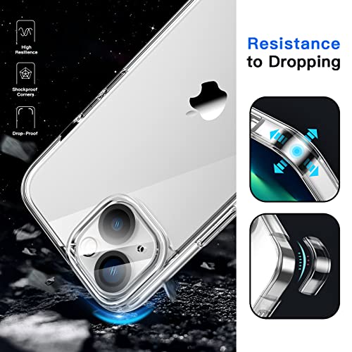 JETech 3 en 1 Funda para iPhone 13 6,1 Pulgadas con 2 Protector Pantalla y 2 Protector Lente Cámara, Anti-Amarillo, Mica Cristal Vidrio Templado Cobertura Completa, Carcasa Antigolpes (Transparente)