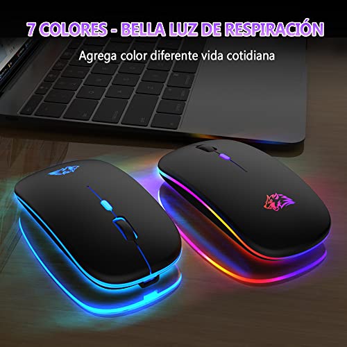 EASYTAO Mouse Inalámbrico, Mouse Bluetooth/Wireless2.4GHz Modos Dual Recargable con Iluminación RGB, Click Silencioso con Receptor USB 3 Ajustable DPI Ratón Para Computadora, Portátil, PC, Mac (Negro)