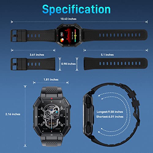 Bassizo Reloj Inteligente para Hombre (contestar/Hacer Llamadas), Reloj Deportivo táctico Militar, Reloj Inteligente con Monitor de frecuencia cardíaca, presión Arterial,