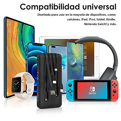 1 Hora Power Bank 10000 mah Ultra Slim de Bateria Portatil con 4 Cables Incorporados Tipo C USBc y Luz Carga Powerbank 10000 Compatible para IP, Samsung, Xiaomi,Negro