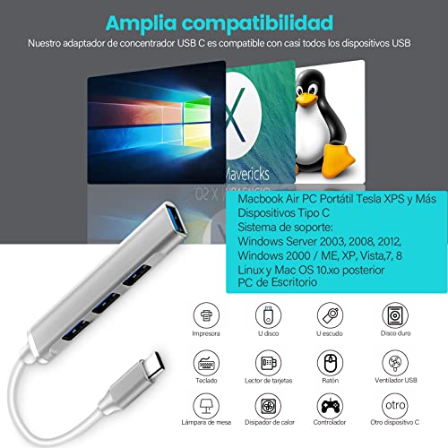4 En 1 USB 3.0 Hub, Super Speed 10Gbps Hub USB C, Aluminio de USB 3.1 Tipo C hub, para Macbook PC Portátil Tesla XPS etc (con Adaptador USB)