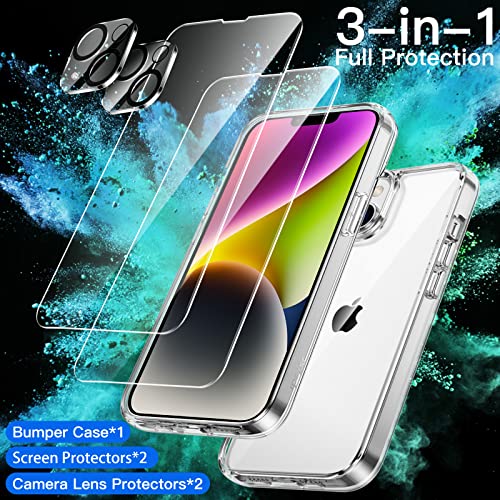 JETech 3 en 1 Funda para iPhone 14 6,1 Pulgadas, con 2 Protector Pantalla y 2 Protector Lente Cámara, Anti-Amarillo, Mica Cristal Vidrio Templado Cobertura Completa, Carcasa Antigolpes (Transparente)