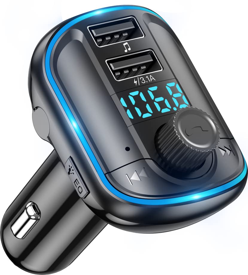 Transmisor FM Bluetooth para Coche,Manos Libres Inalámbrico Reproductor MP3  Coche,Subwoofer de un solo toque, Adaptador Radio Bluetooth con Dual USB