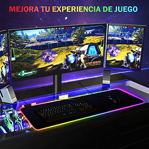 E T EASYTAO RGB Gaming Mousepad de Escritorio, Alfombrilla con Luz Led para Teclado y Ratón, Goma Impermeable con Base Antideslizante, 14 Luces Circulables, Tamaño de 300x800x4mm